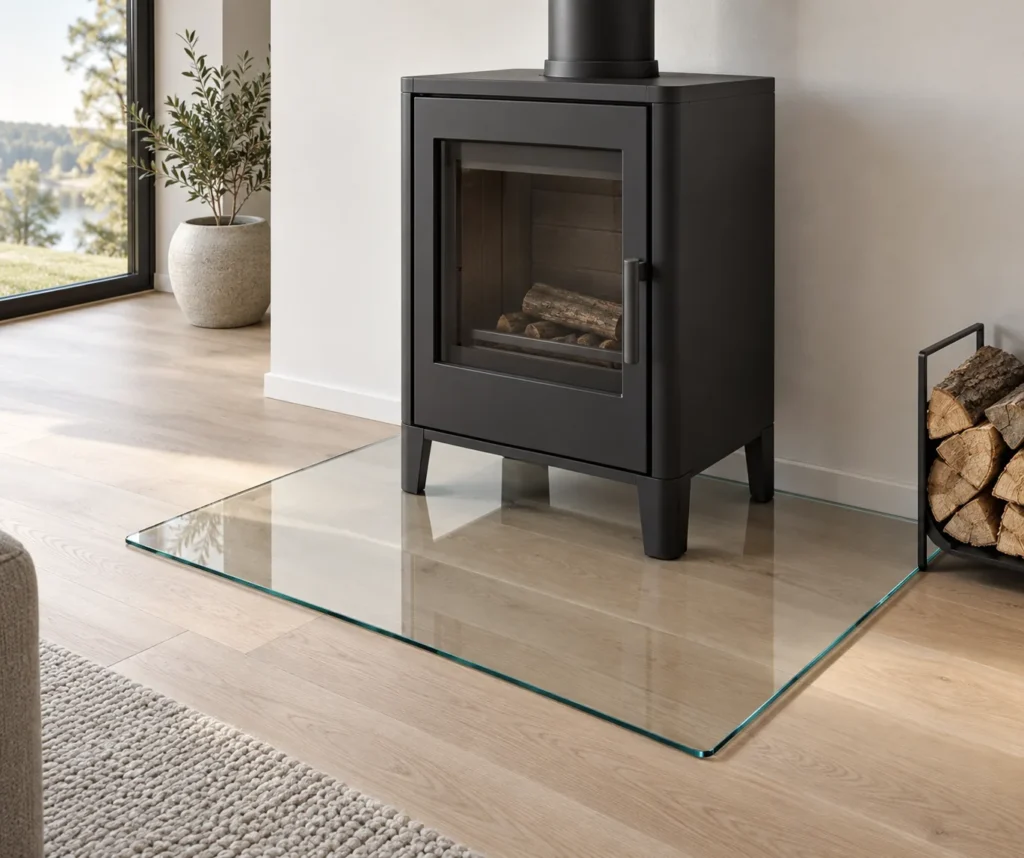 Transparente Glasbodenplatte fuer einen modernen Kaminofen