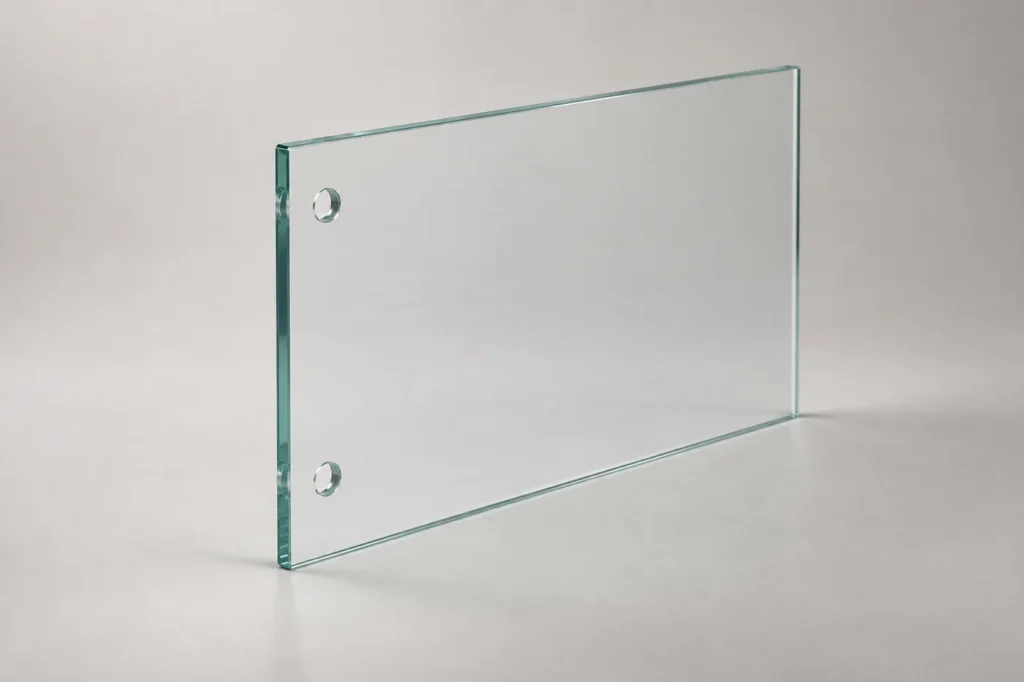 Klare Glasscheibe mit zwei Montagebohrungen